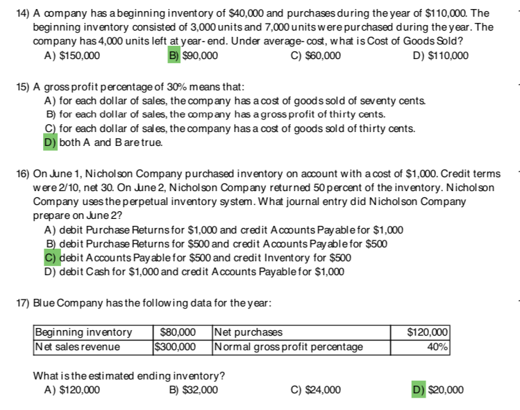 Solved 14) A Company Has A Beginning Inventory Of $40,000 | Chegg.com