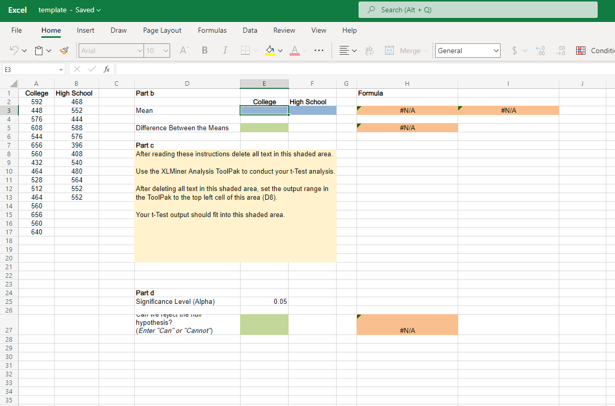 Solved Excel template - Saved Search (Alt + Q) File Home | Chegg.com