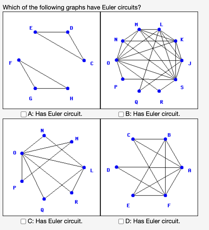 Solved Which Of The Following Graphs Have Euler Circuits?A: | Chegg.com