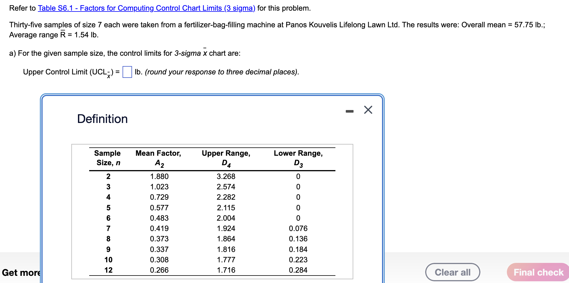 Solved Refer to Table S6.1 - Factors for Computing Control  Chegg.com