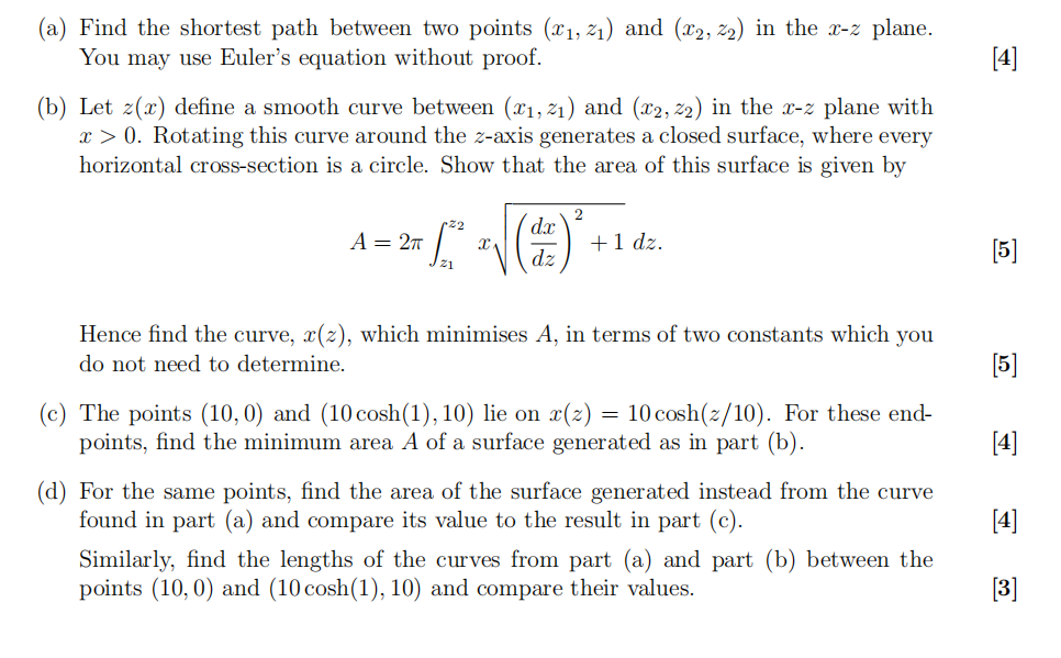 Solved (a) Find the shortest path between two points (x1,z1) | Chegg.com