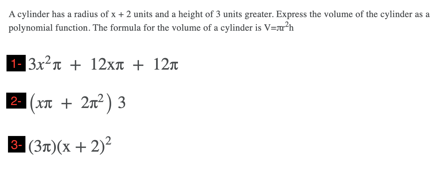 Solved A cylinder has a radius of x + 2 units and a height | Chegg.com