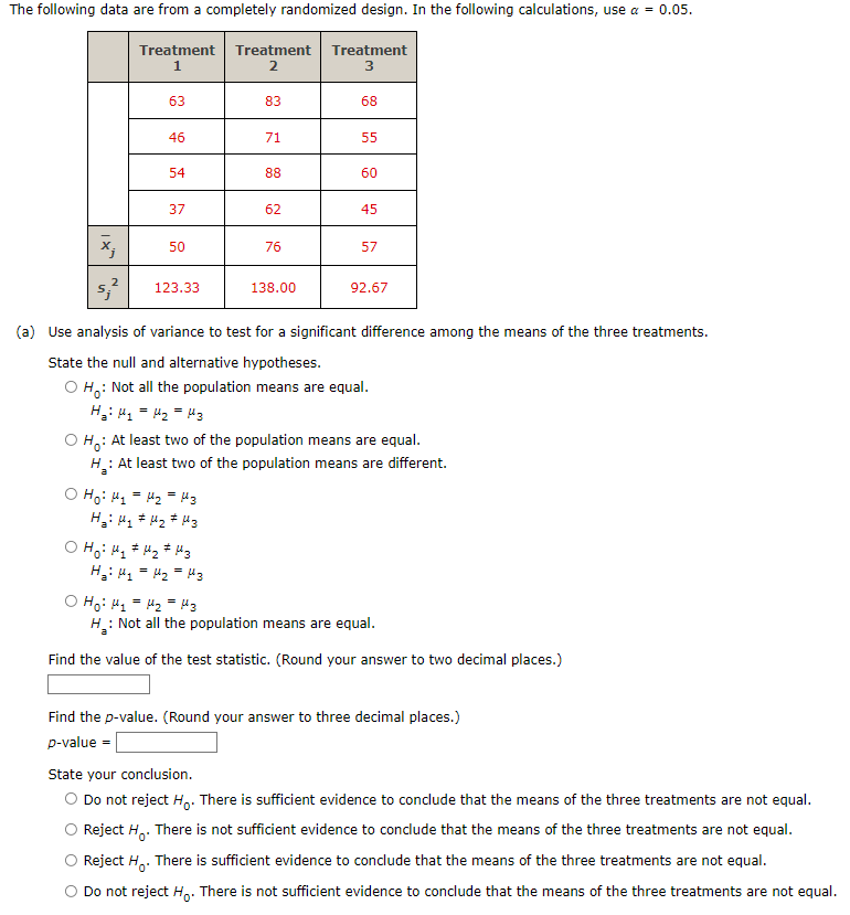 Solved The following data are from a completely randomized | Chegg.com