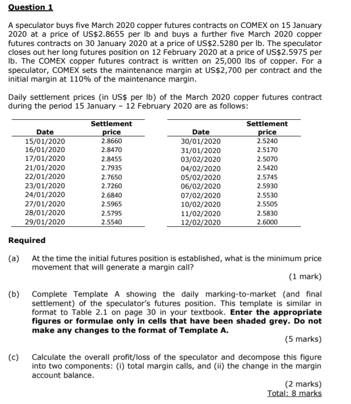 Solved Question 1 A speculator buys five March 2020 copper 