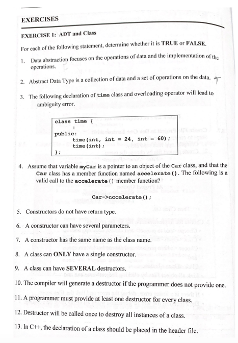 Solved EXERCISES EXERCISE 1: ADT and Class For each of the | Chegg.com