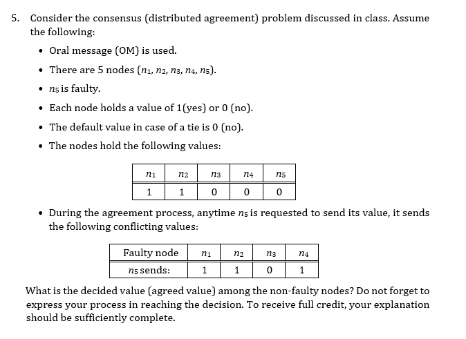 5. Consider the consensus (distributed agreement) problem discussed in class. Assume the following:
- Oral message (OM) is us