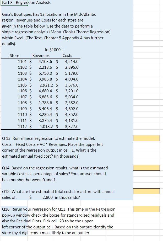 Solved Part 3 - Regression Analysis Gina's Boutiques has 12 | Chegg.com