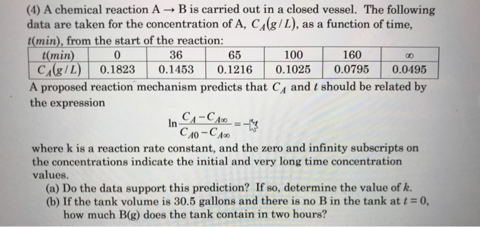 Solved (4) A chemical reaction A → B is carried out in a | Chegg.com