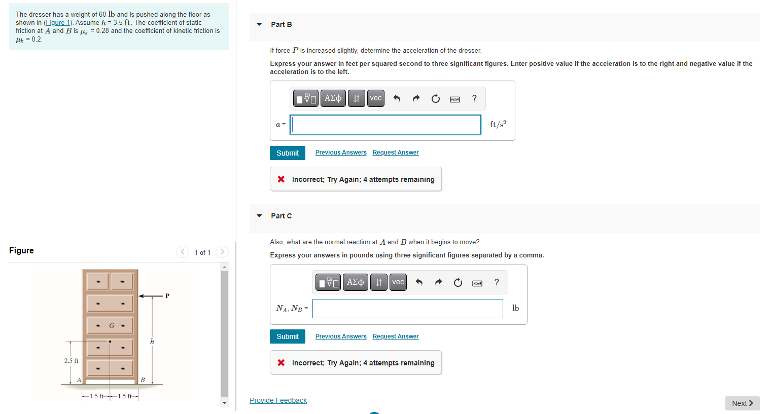 Solved The dresser has a weight of 60lb and is pushed along