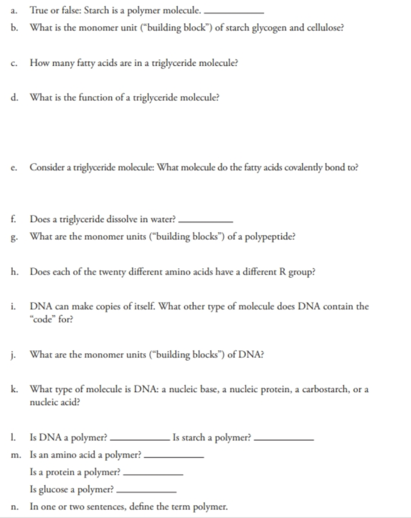 Solved a. True or false: Starch is a polymer molecule. What | Chegg.com