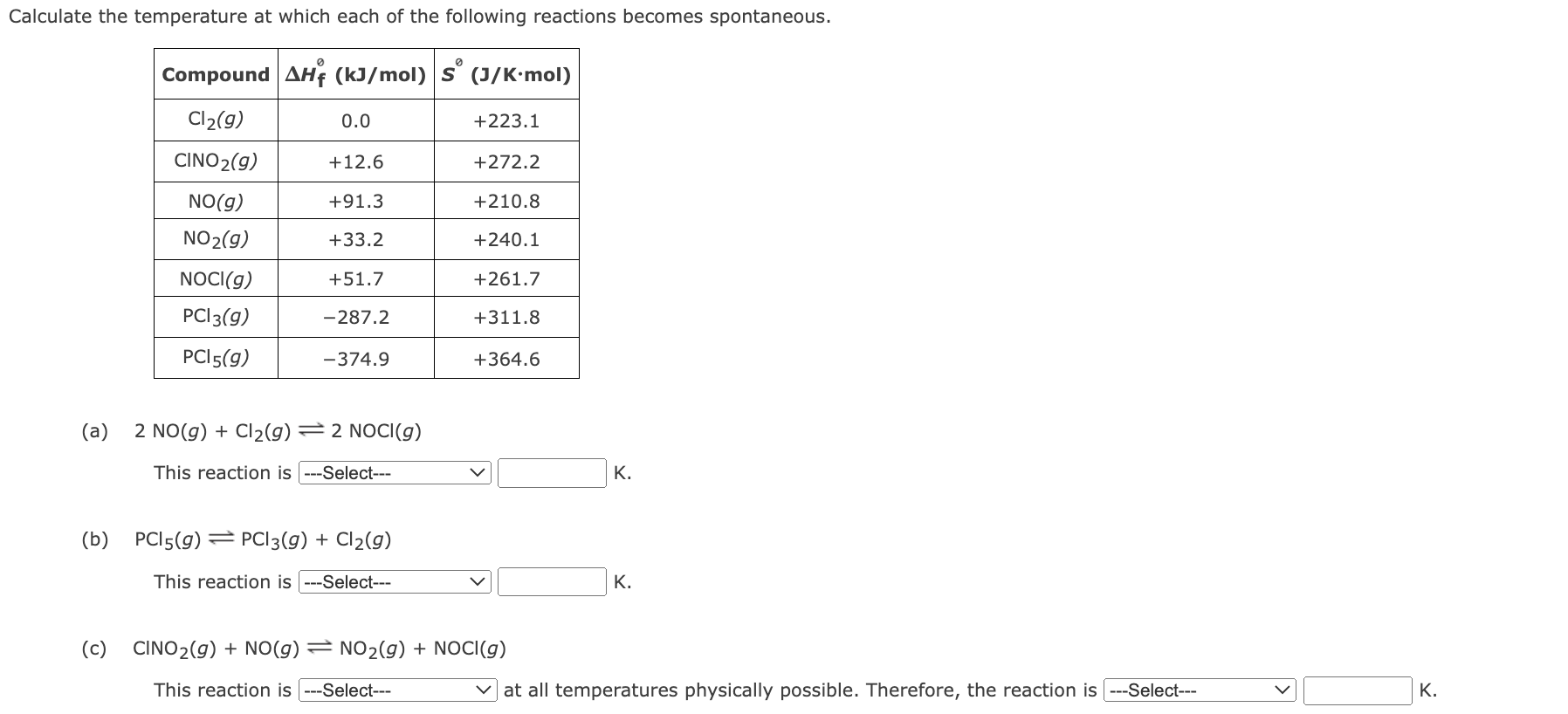 Calculate the temperature at which each of the following reactions becomes spontaneous.
(a) \( 2 \mathrm{NO}(g)+\mathrm{Cl}_{