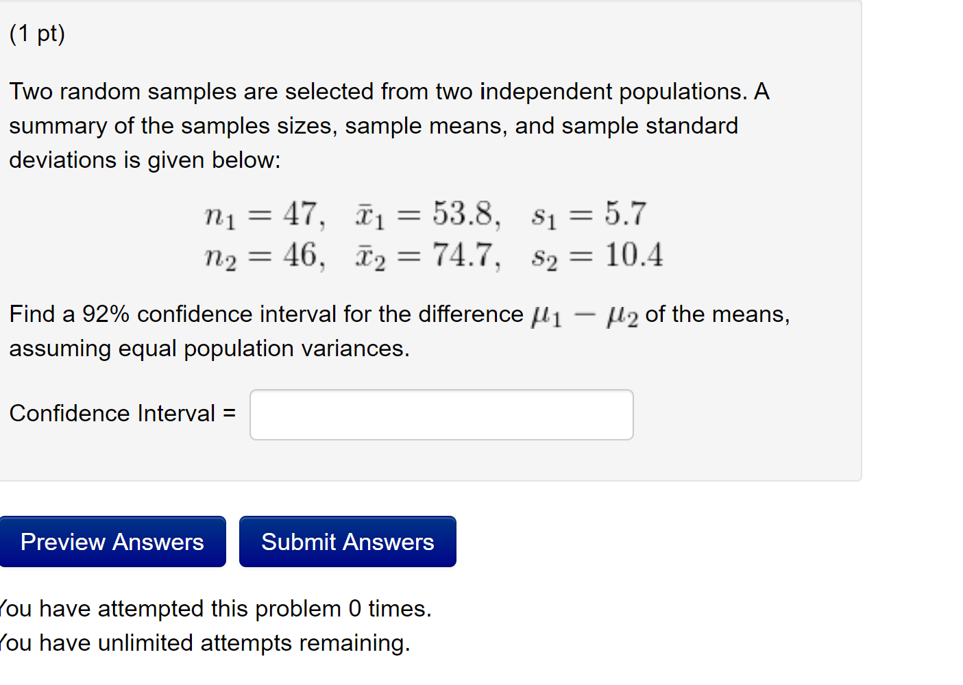 Solved (1 pt) Two random samples are selected from two | Chegg.com