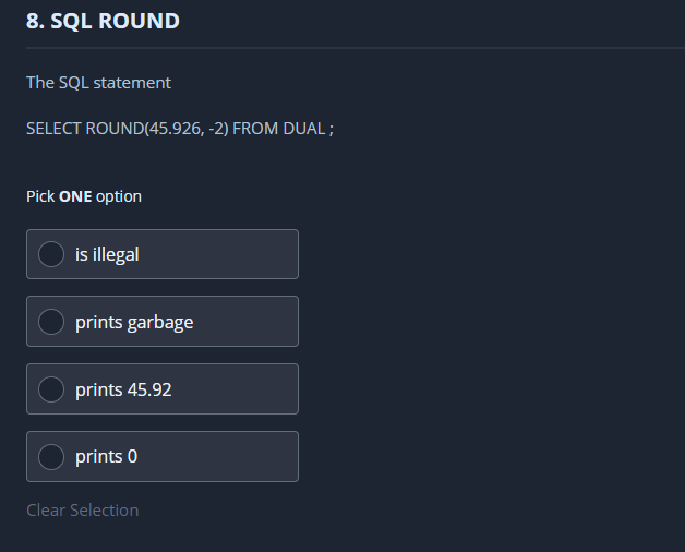 Solved 8. SQL ROUND The SQL statement SELECT ROUND(45.926, | Chegg.com