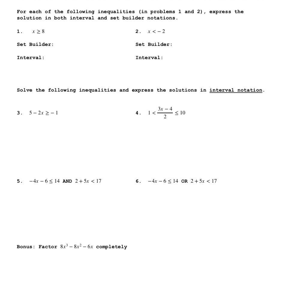 Solved For each of the following inequalities (in problems 1 | Chegg.com