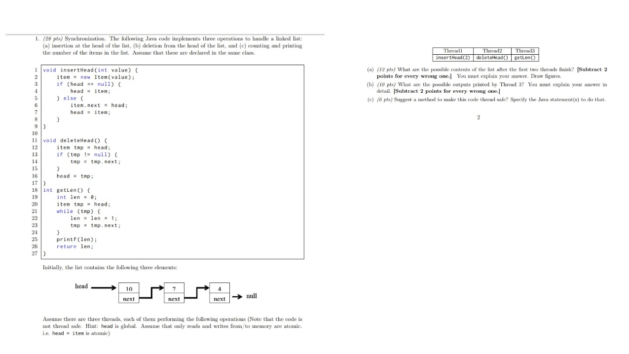 Solved 1. (28 pts) Synchronization. The following Java code | Chegg.com