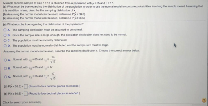 Solved A simple random sample of size n=13 is obtained from | Chegg.com