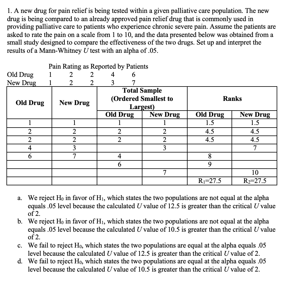 Solved 1. A new drug for pain relief is being tested within