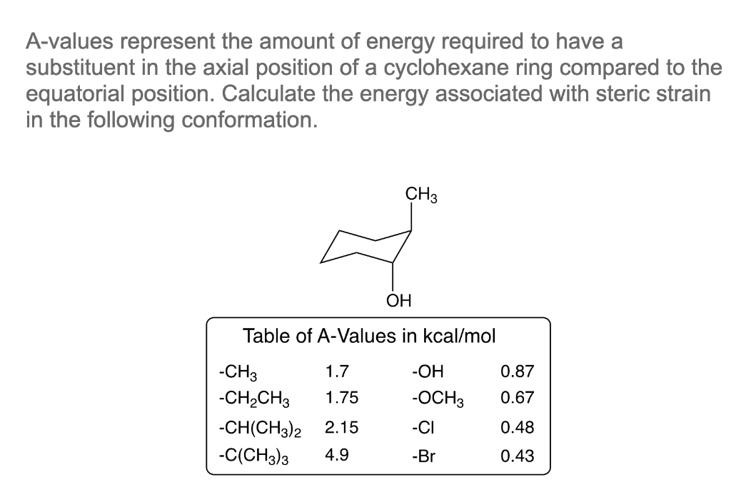 Solved A-values represent the amount of energy required to | Chegg.com
