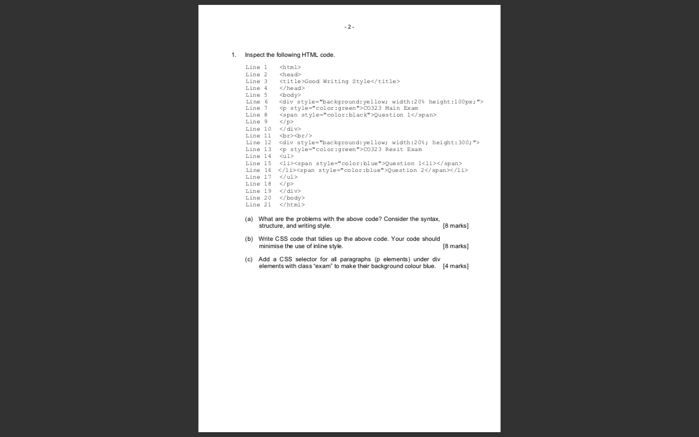 Solved 1 Inspect the following HTML code. Line 1 Line 2 | Chegg.com