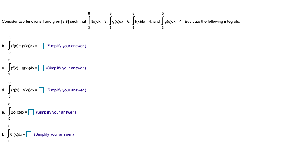 Solved Consider two functions f and g on [3,8] such that | Chegg.com