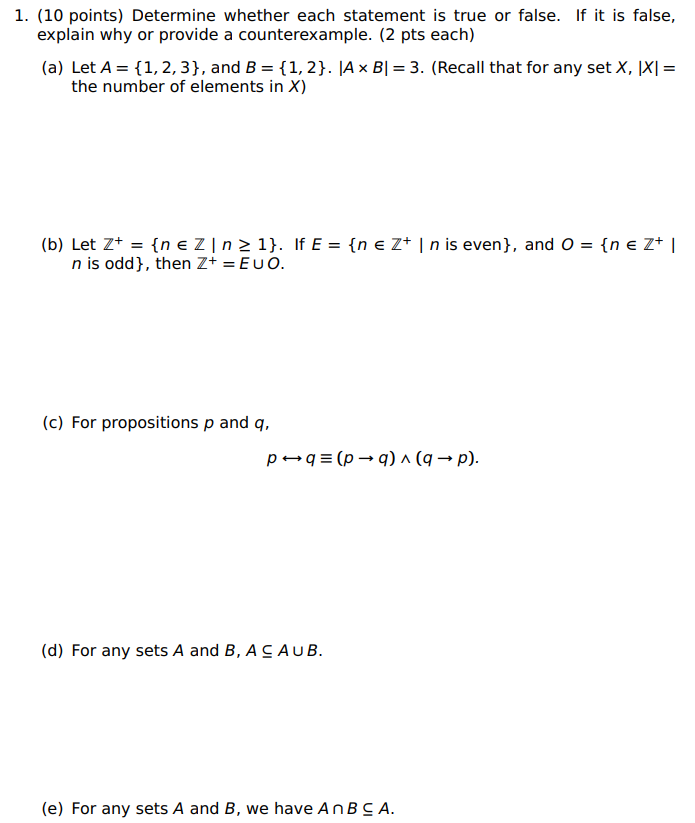 Solved 1. (10 points) Determine whether each statement is | Chegg.com