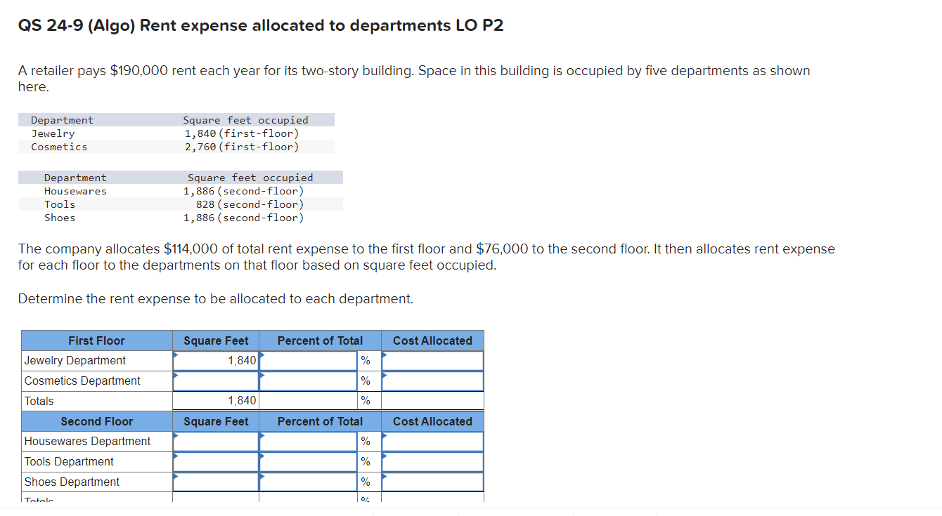Solved QS 24-9 (Algo) Rent expense allocated to departments | Chegg.com