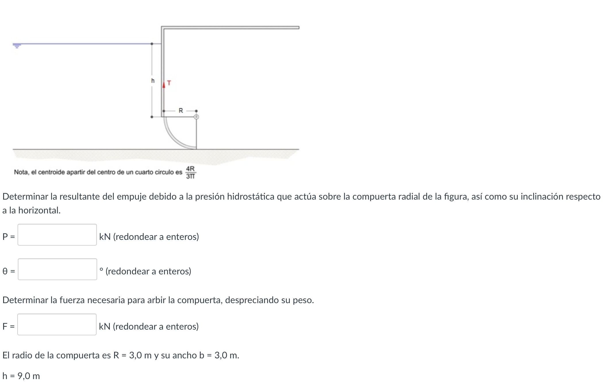 Nota, el centroide apartir del centro de un cuarto circulo es \( \frac{4 R}{3 \pi} \) Determinar la resultante del empuje deb