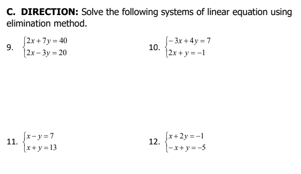 Solved C. DIRECTION: Solve the following systems of linear | Chegg.com