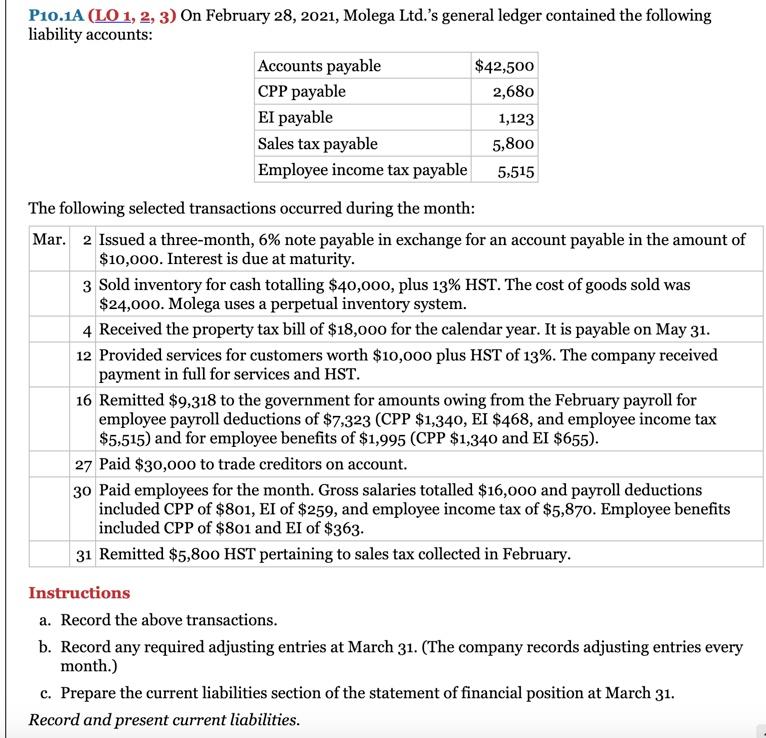 Solved P10 1a Lo 1 2 3 On February 28 21 Molega L Chegg Com
