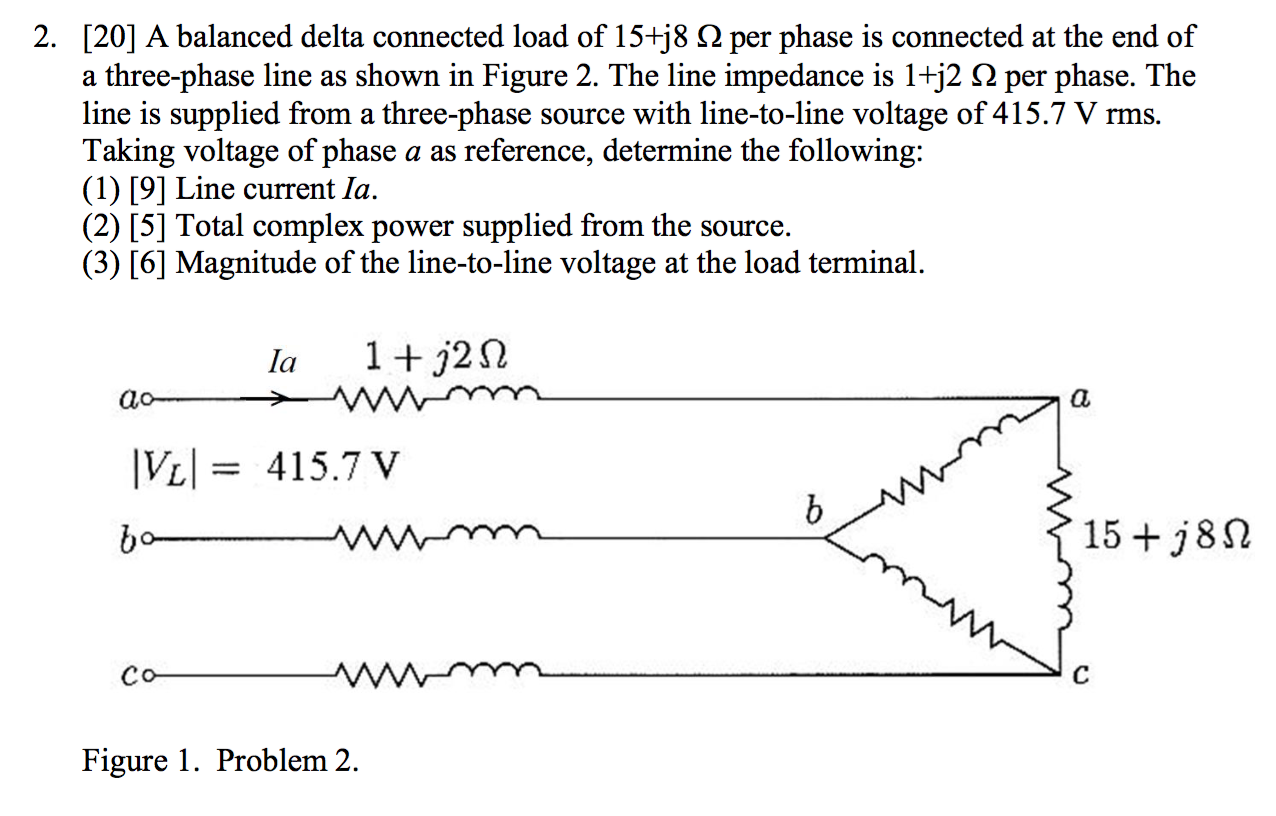 Solved 2. [20] A balanced delta connected load of 15+j8 12 | Chegg.com