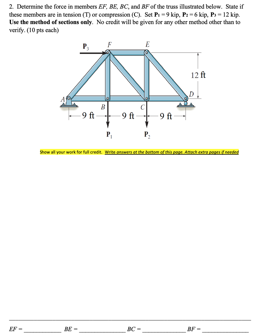 Solved 2. Determine The Force In Members EF, BE, BC, And BF | Chegg.com