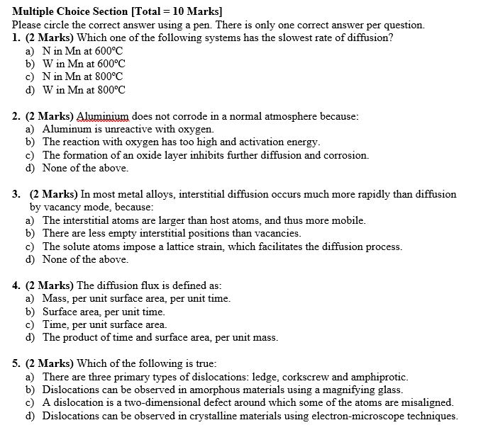 Solved Multiple Choice Section [Total = 10 Marks] Please | Chegg.com