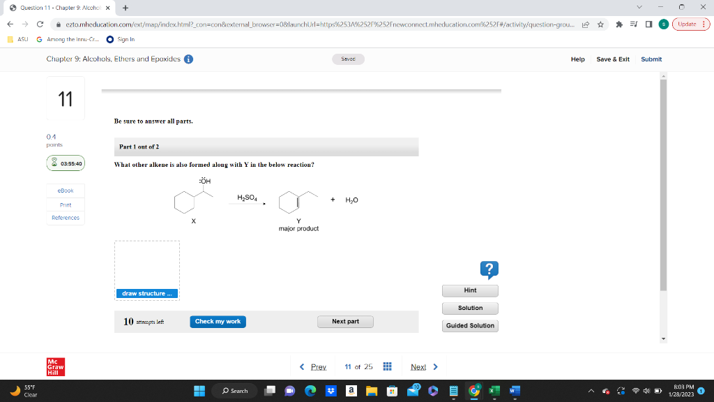 Be sare to answer all parts.
Part 1 ont of 2
What other alkene is also formed along with \( Y \) in the below reaction?