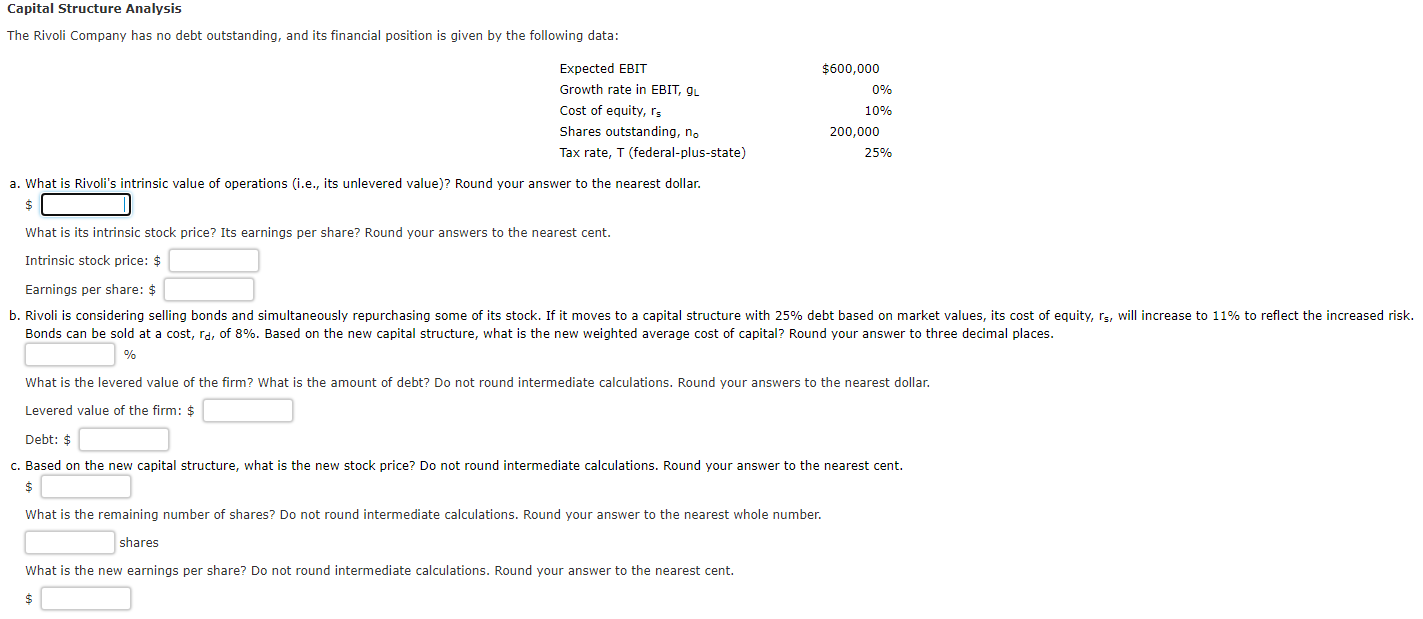 Solved Capital Structure Analysis The Rivoli Company has no