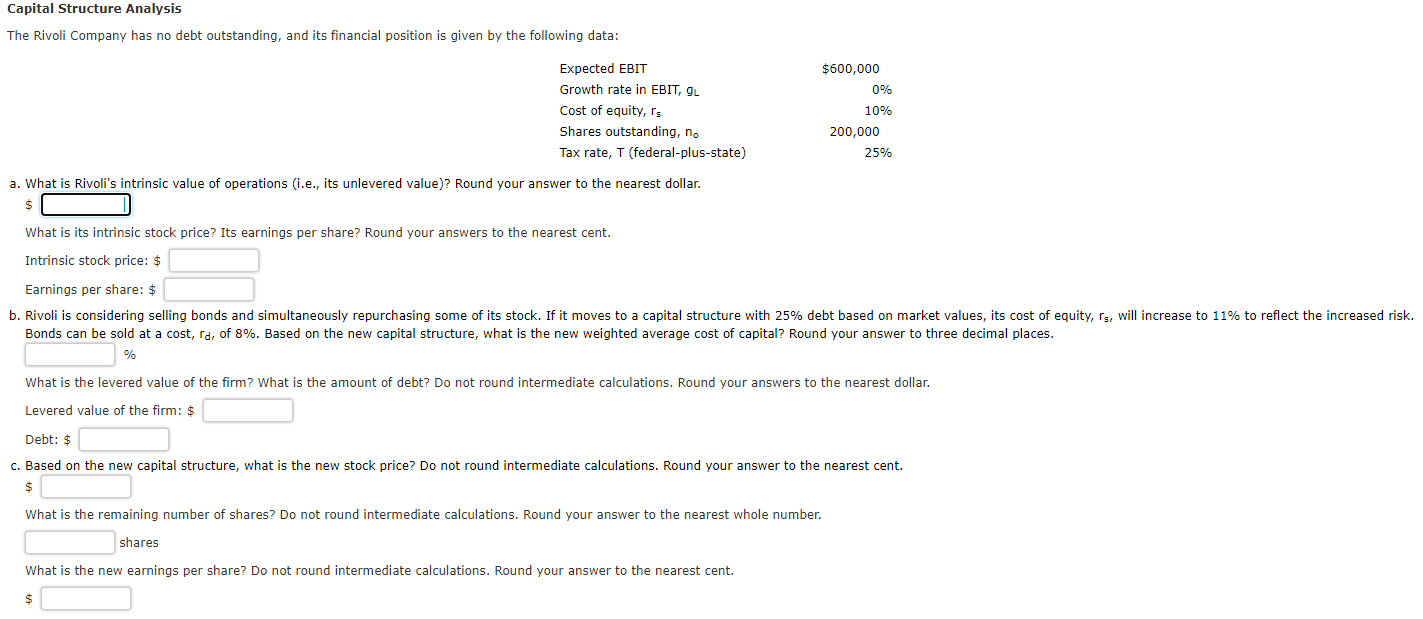 Solved Capital Structure Analysis The Rivoli Company has no | Chegg.com