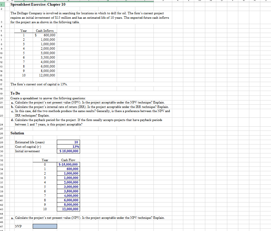 Solved 1 2 Spreadsheet Exercise: Chapter 10 The Drillago 