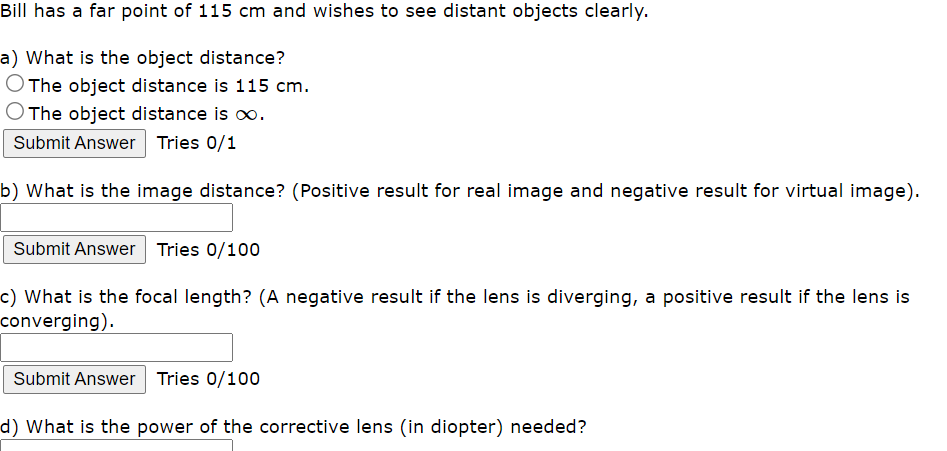 Solved Bill has a far point of 115 cm and wishes to see | Chegg.com