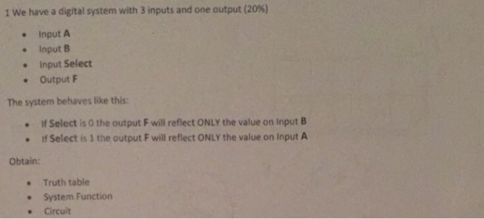 Solved 1 we have a digital system with 3 inputs and one | Chegg.com