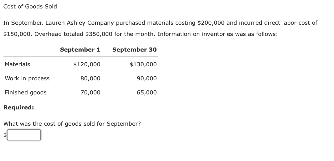 Solved Cost of Goods Sold In September, Lauren Ashley | Chegg.com