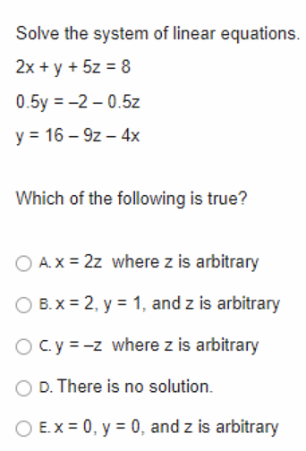 Solved Solve the system of linear equations. 2x + y + 5z = 8 | Chegg.com