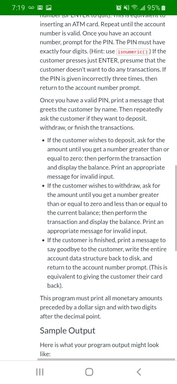 7:19 0 ME @ 95% i TOMTIDEN FOR ENTERWYU TI QUIVCLICTICE inserting an ATM card. Repeat until the account number is valid. Once