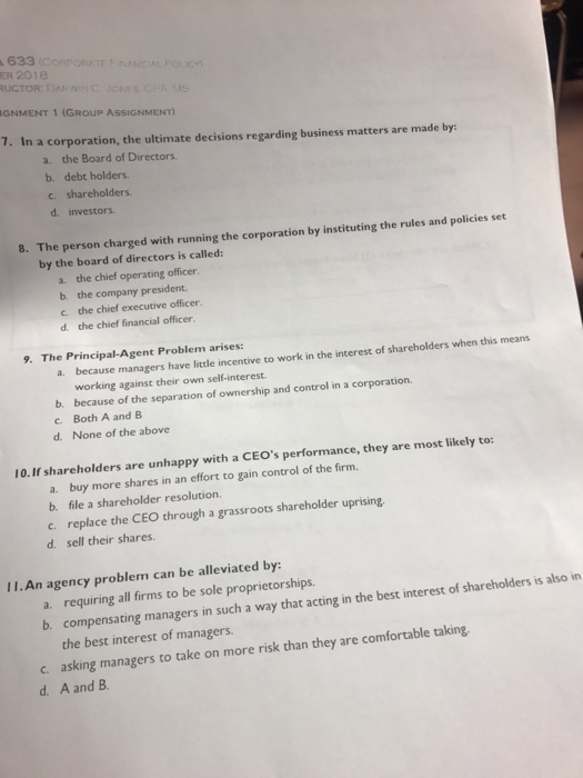 Solved 633 ER 2018e GNMENT 1 (GROUP ASSIGNMENT) 7. In a | Chegg.com