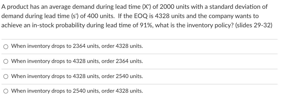 Solved A product has an average demand during lead time (X') | Chegg.com