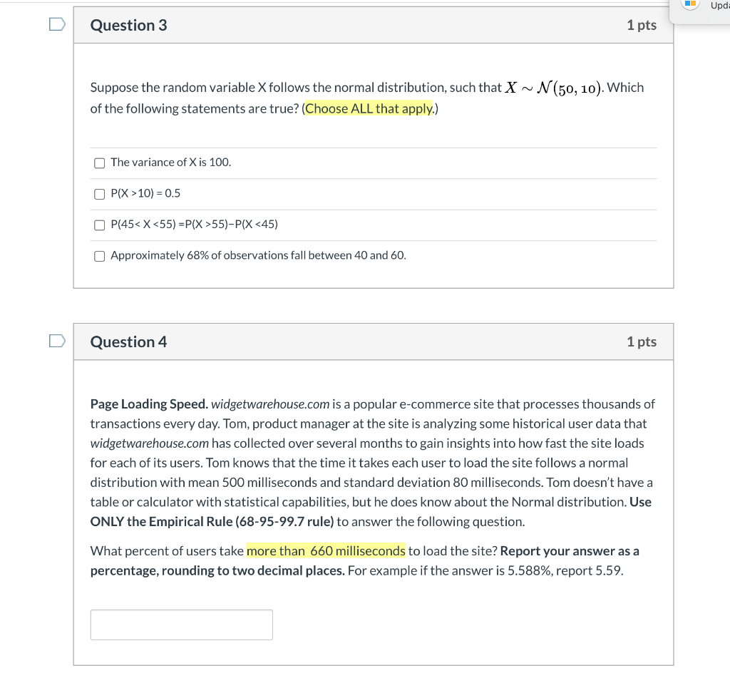 Solved Upda Question 3 1 pts Suppose the random variable X | Chegg.com