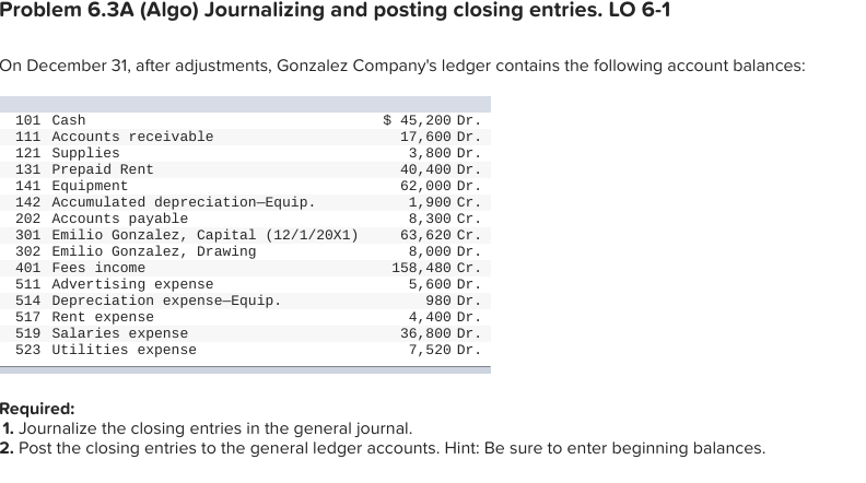 Problem 6.3A (Algo) Journalizing and posting closing entries. LO 6-1
On December 31, after adjustments, Gonzalez Companys le