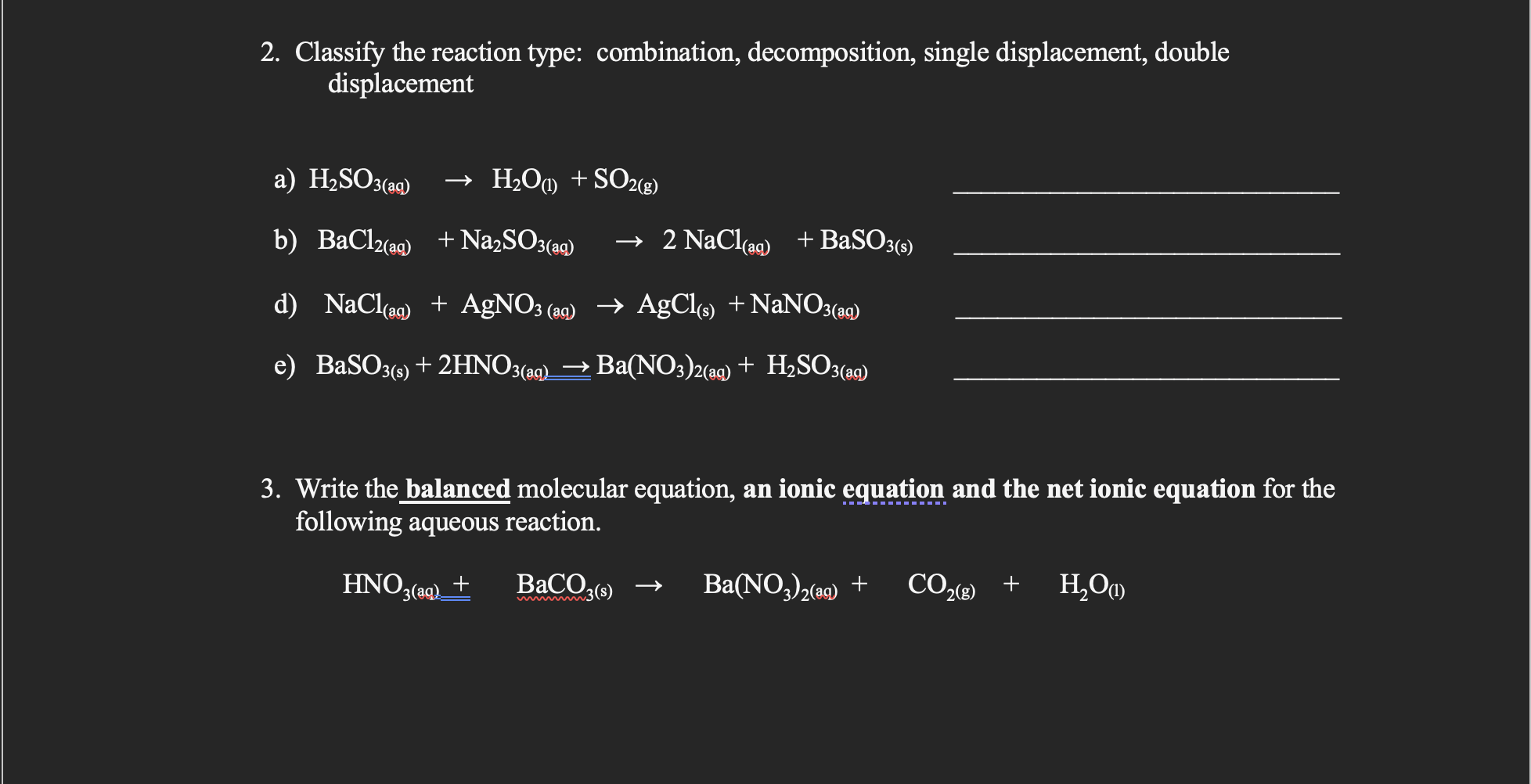 Solved 2. Classify the reaction type: combination, | Chegg.com