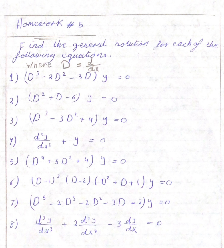 Find the general solution los each of the follawing equatiqus. Where \( D=\frac{d}{d x} \) 1) \( \left(D^{3}-2 D^{2}-3 D\righ