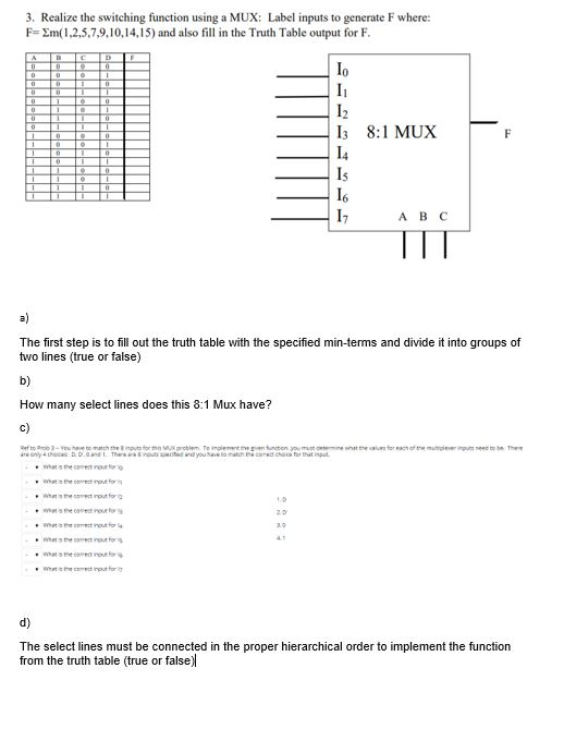 Solved F 3. Realize the switching function using a MUX: | Chegg.com