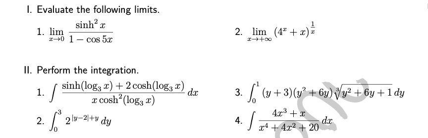 Solved 1. Evaluate the following limits. sinh 2 1. lim 1+0 1 | Chegg.com