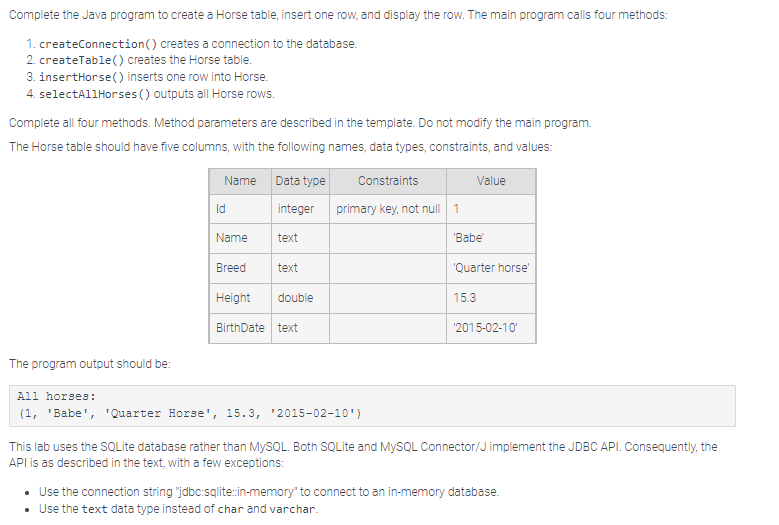 Solved Complete The Java Program To Create A Horse Table